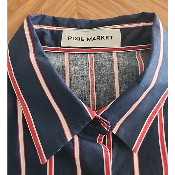 Pixie Market Button Down Poplin Statement Shirt Stripe Ruffled Shoulder Small - Picture 4 of 6